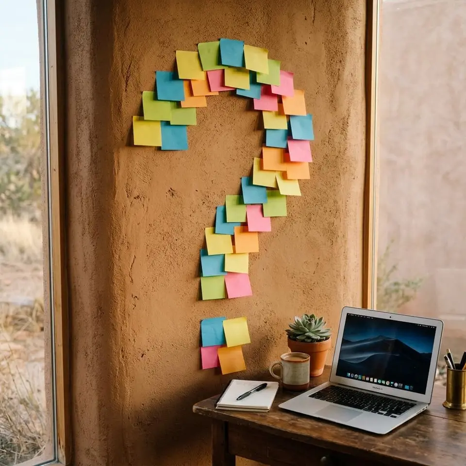 Sticky notes arranged on an adobe colored wall beside a laptop