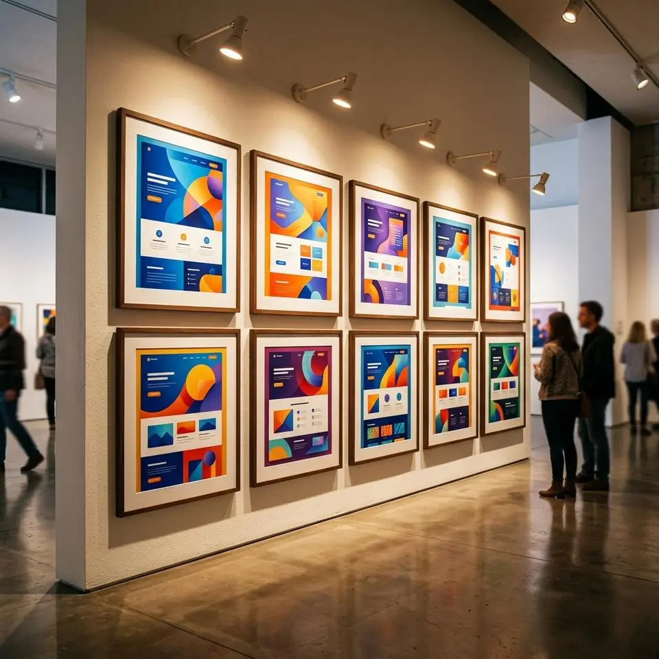 Gallery wall with framed colorful website layout prints under warm spotlights