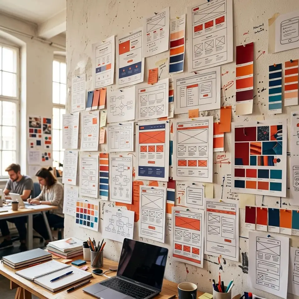 Design studio wall covered in website wireframes and color swatches