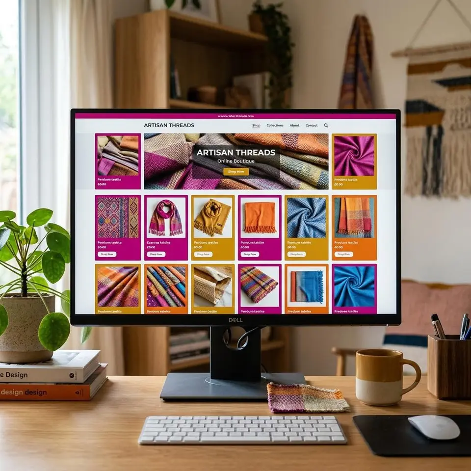 Large monitor showing an online boutique product grid with colorful textiles